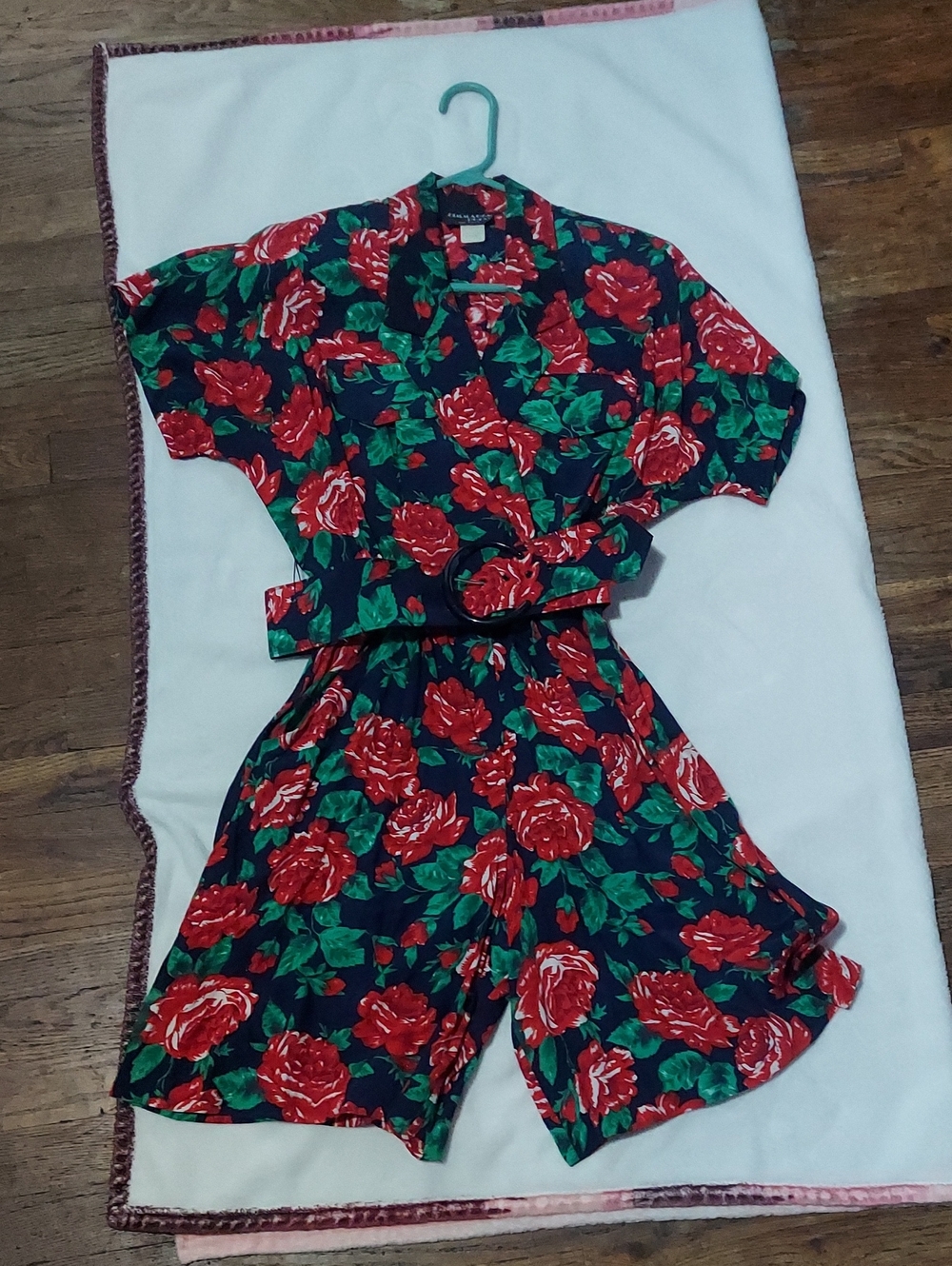 Vintage Floral Red Rose Romper - Navy Background